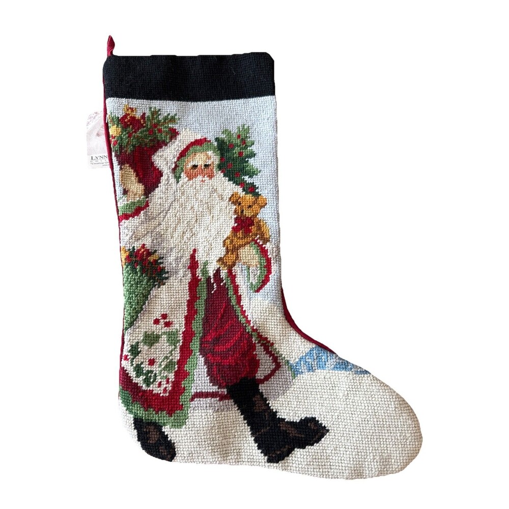 Lynn Haney Santa Teddy Bear Holly Handcrafted Needlepoint Stocking Style SK010LH